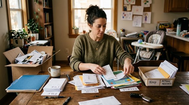 Mom sorting papers during a quick home reset