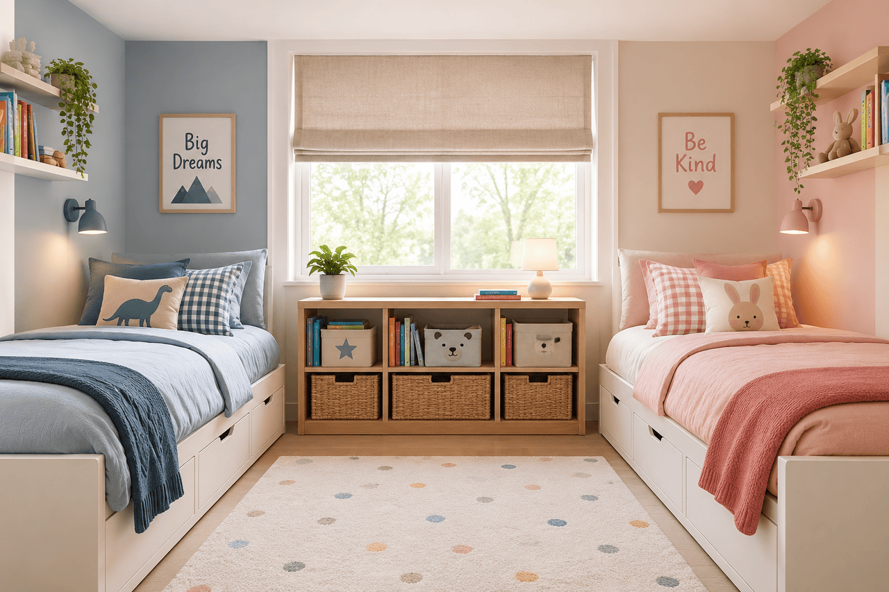 Shared bedroom ideas for siblings with personalized spaces and organized children's belongings.