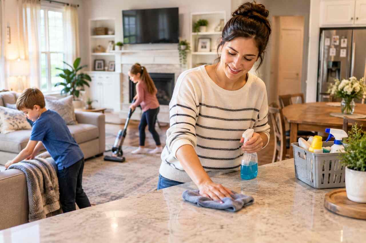 Busy mom cleaning kitchen counter while children help tidy the living room during a realistic family cleaning routine at home