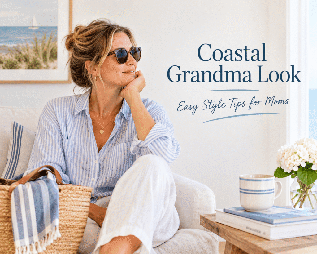 Coastal grandma look featuring relaxed neutral clothing, linen textures, and timeless coastal-inspired style.