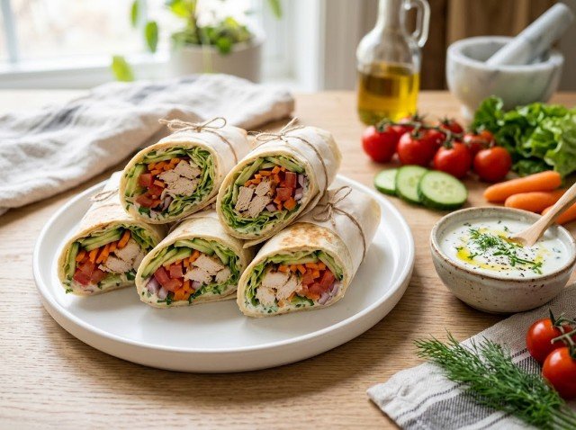Fresh chicken and vegetable wraps for an easy no-oven dinner