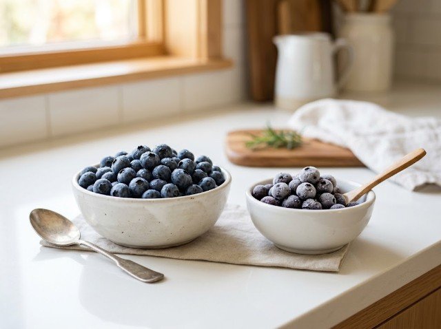 Fresh and frozen blueberries for preparing baby food