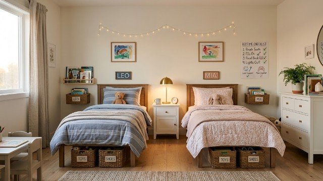 Organized shared bedroom with bedtime checklist, books, and personal storage baskets.