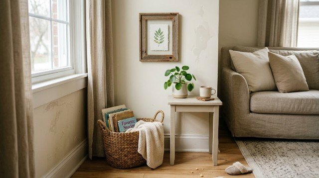 DIY living room decor with a repurposed picture frame, reading basket, books, and an indoor plant.