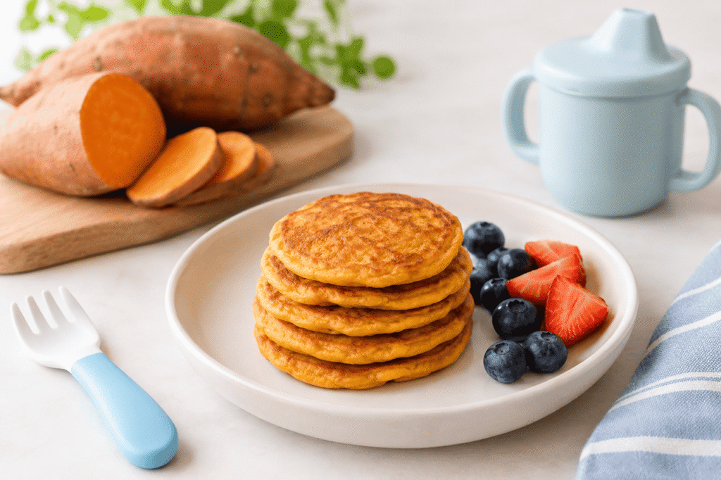 Sweet potato pancakes for baby served on a plate with fresh fruit