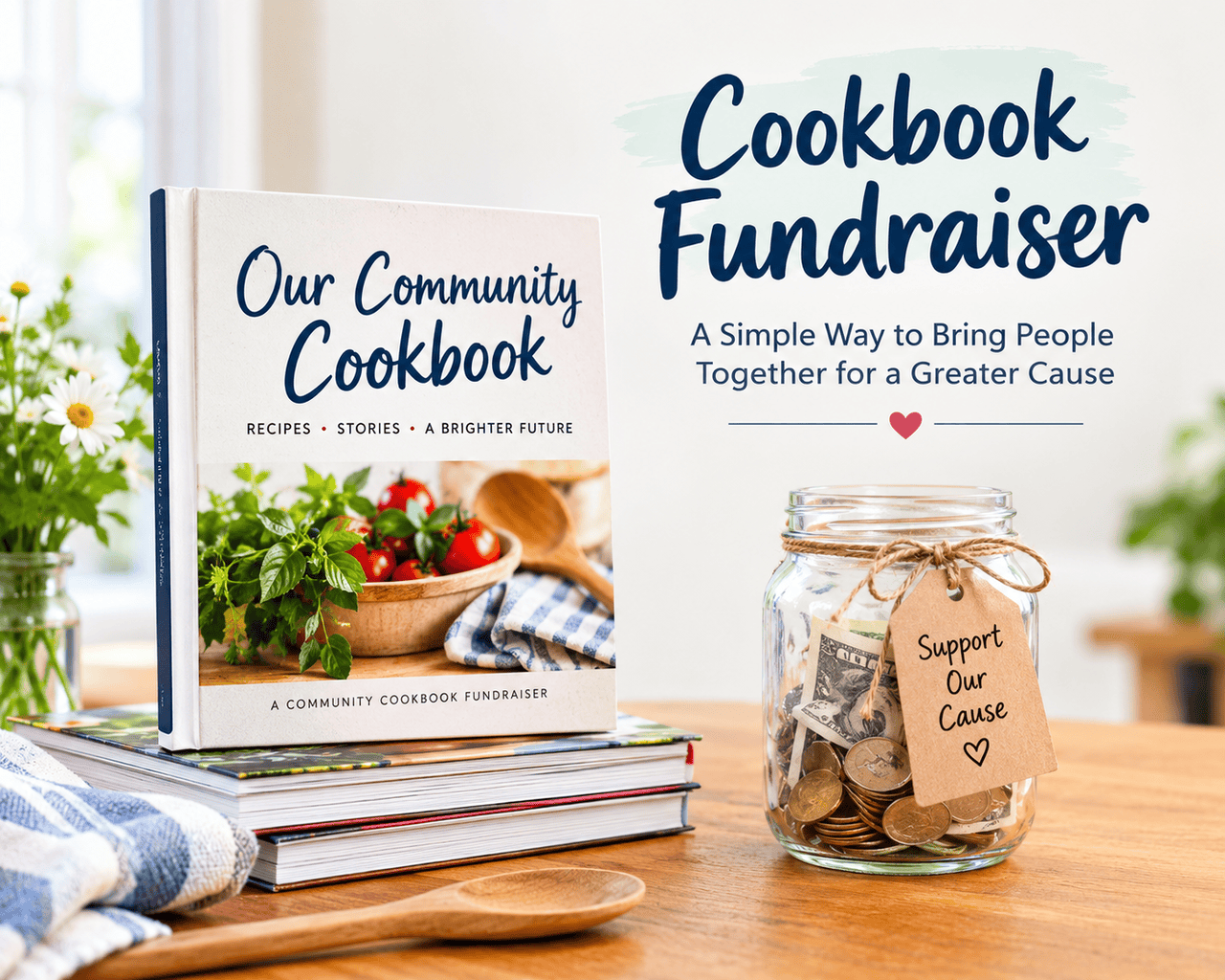 Cookbook fundraiser featuring a community recipe book and donation jar.