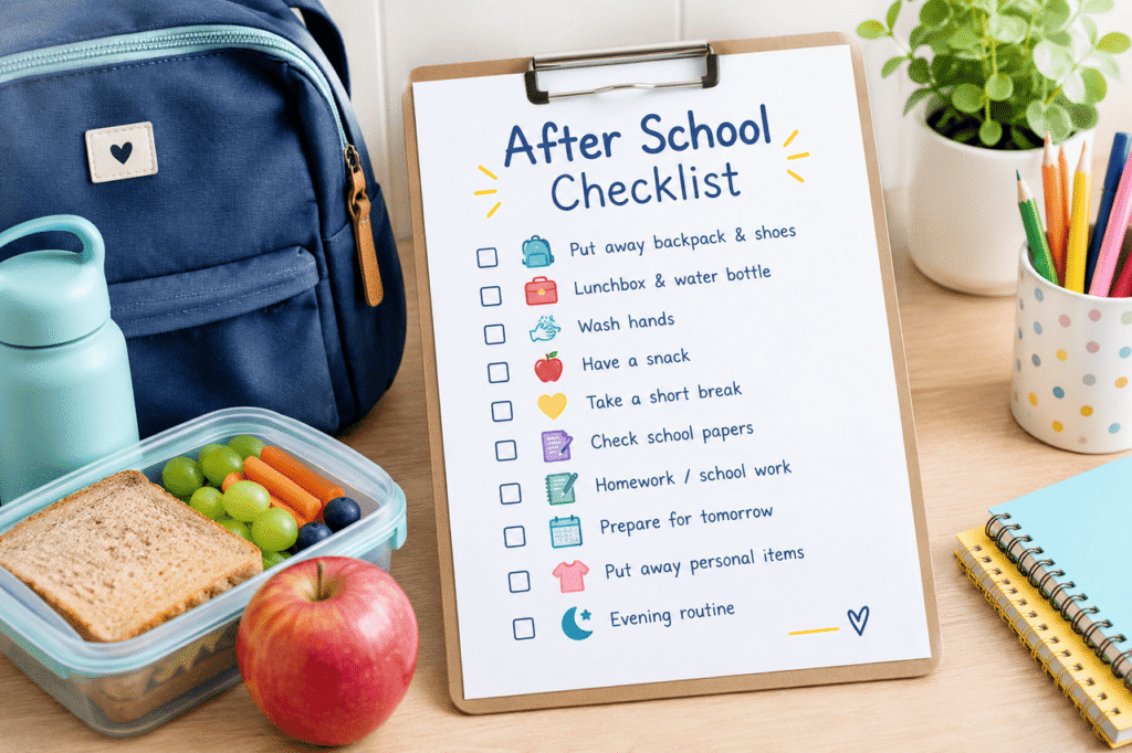 After school checklist for kids with school bag and daily routine items