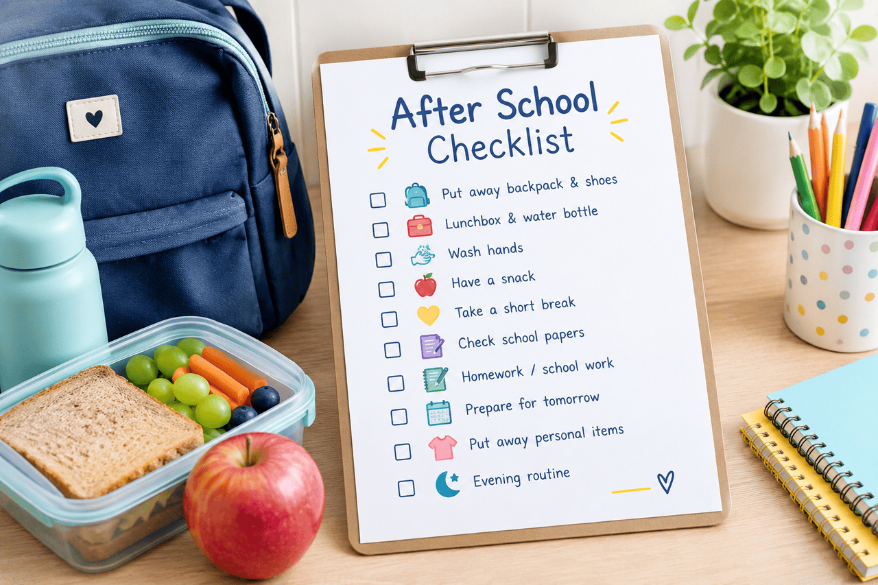 After school checklist for kids with school bag and daily routine items