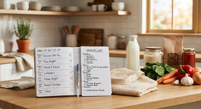 family meal planner and grocery list for weekly shopping