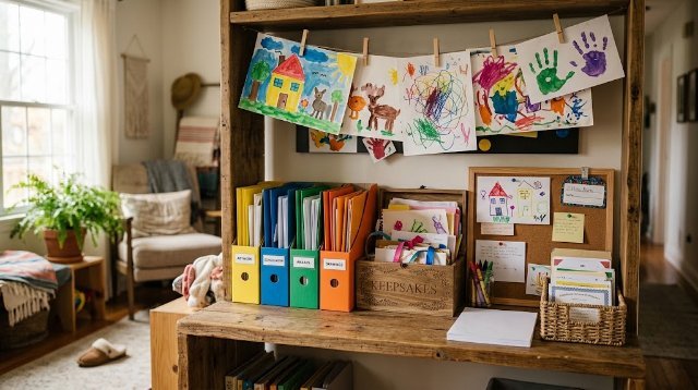 Organized kids school papers and artwork