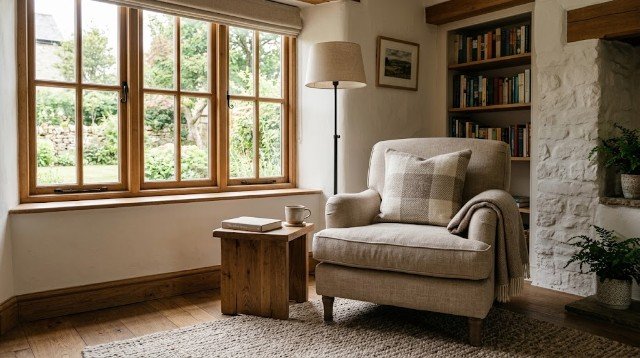 Cozy farmhouse reading corner with a neutral armchair, wooden side table, and floor lamp.