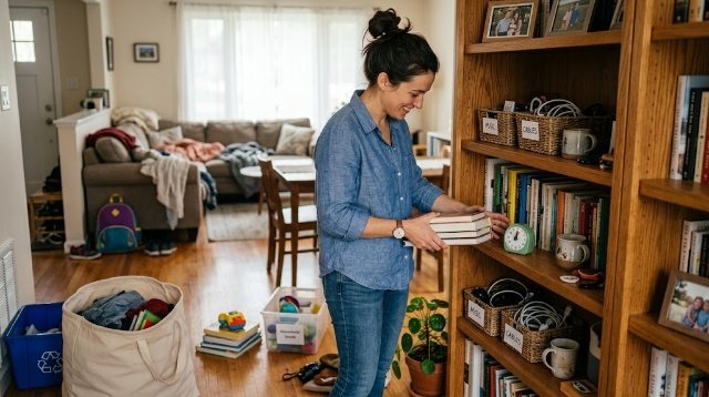 busy mom using a timer for a short home decluttering session