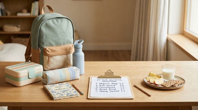Simple after school checklist with school supplies and snack