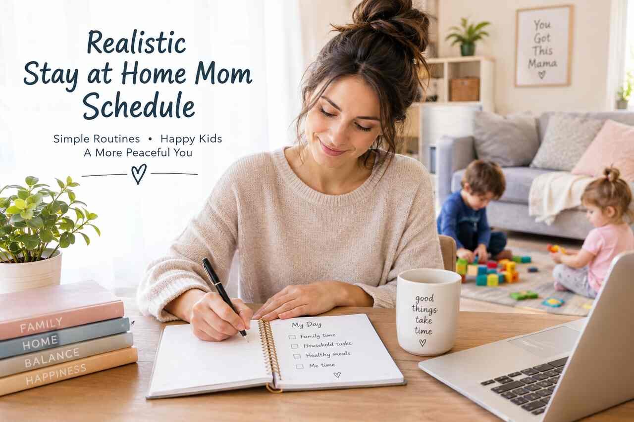 Stay-at-home mom managing daily household tasks while spending time with her children.