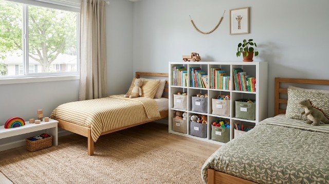 Organized toy baskets and books in a shared children's bedroom.