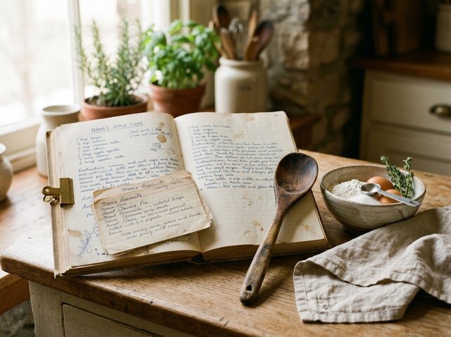 Family cookbook and handwritten recipe cards representing treasured cooking traditions