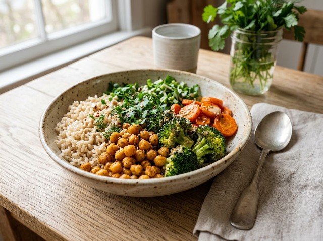 Rice bowl with chickpeas and vegetables for an easy leftover meal.