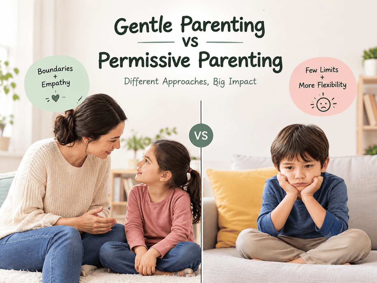Gentle parenting vs permissive parenting showing a mother calmly talking with her child.