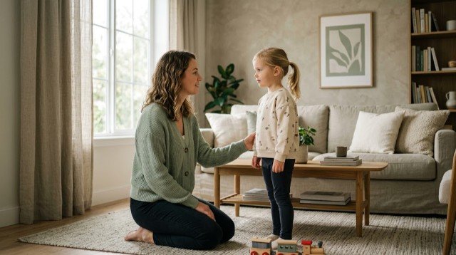 Mother explaining a boundary calmly to her young child.