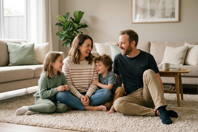 Family sitting together and talking during a relaxed bonding activity at home.