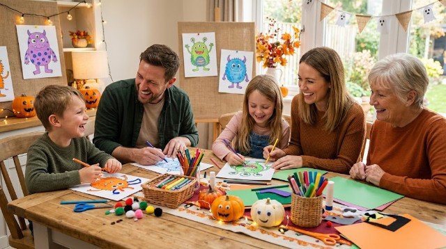 Children and adults creating monster characters with paper and colored pencils
