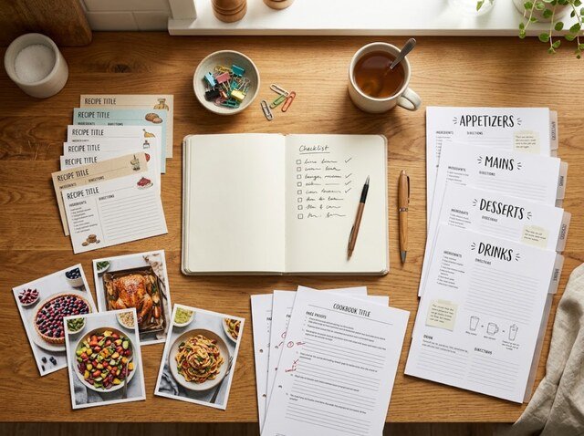 Organized recipe cards and planning notes for a community cookbook fundraiser.