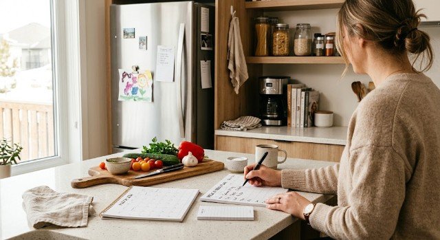 mom planning family meals with a weekly meal planner
