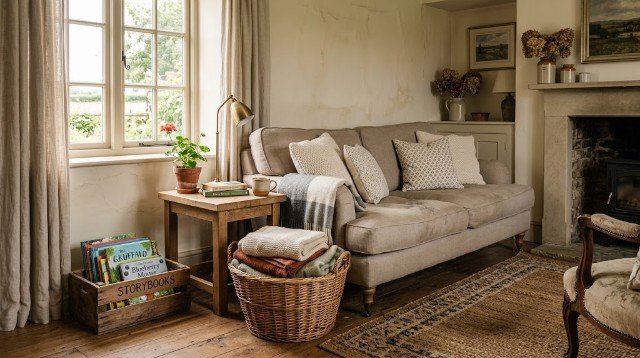 Farmhouse living room with wooden book storage and a woven basket for family essentials.