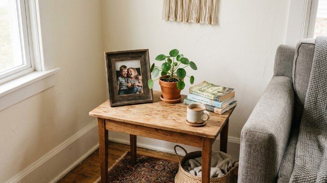 DIY living room decor featuring a repurposed picture frame, books, and a small indoor plant.
