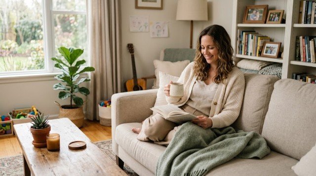 Stay-at-home mom taking a quiet break with tea and a book at home.