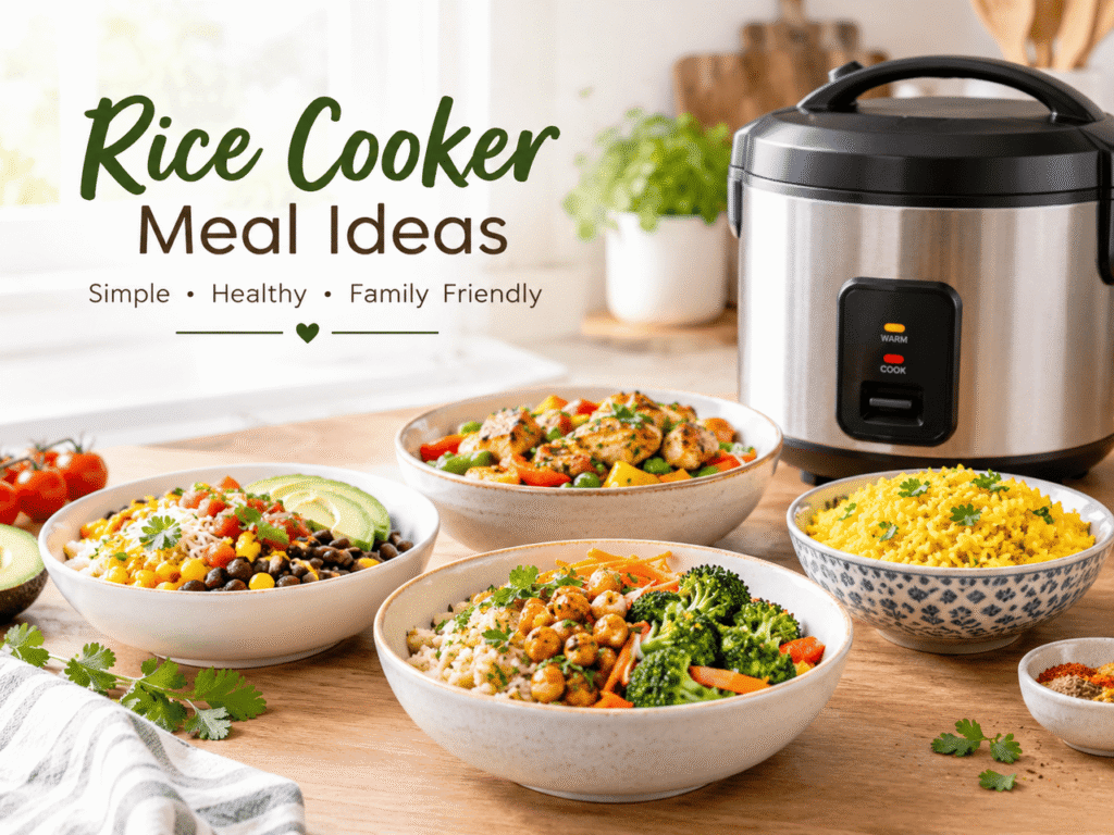 Rice cooker meal ideas with easy family dinner bowls and fresh vegetables.
