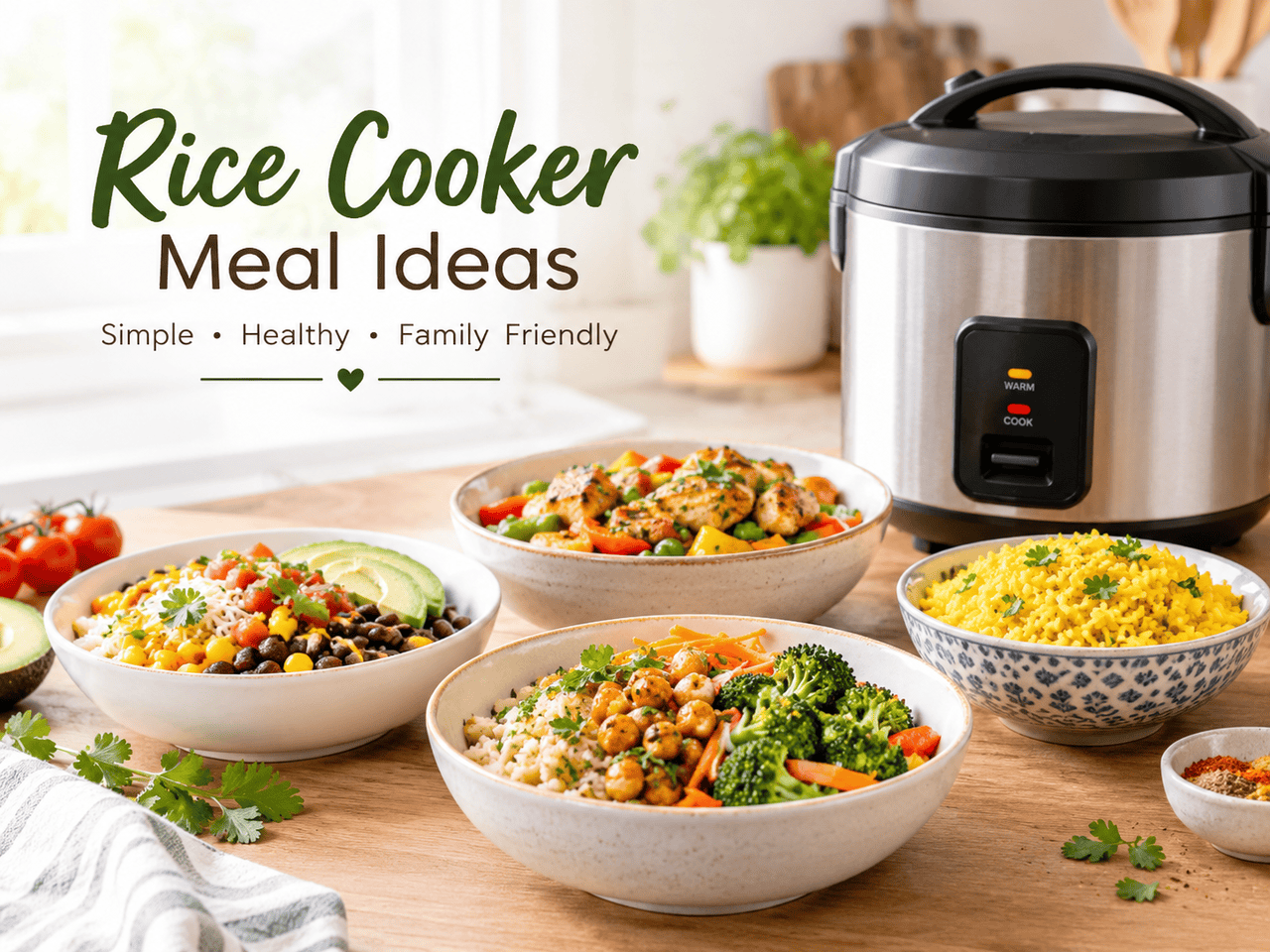 Rice cooker meal ideas with easy family dinner bowls and fresh vegetables.