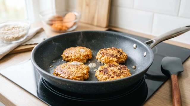 Small sweet potato pancakes cooking in a non-stick pan.