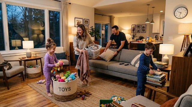 Family doing a 10-minute cleaning reset while children tidy toys and parents organize the living room