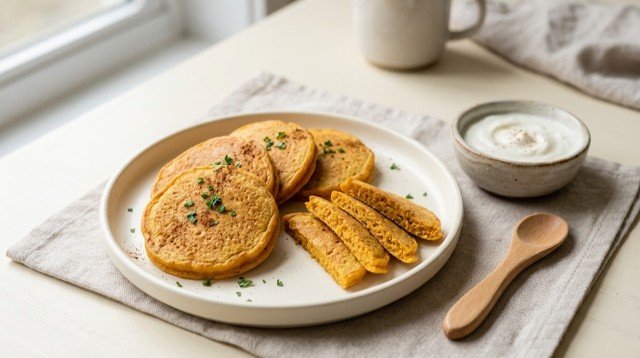 Soft sweet potato pancakes served in baby-friendly strips with plain yogurt.
