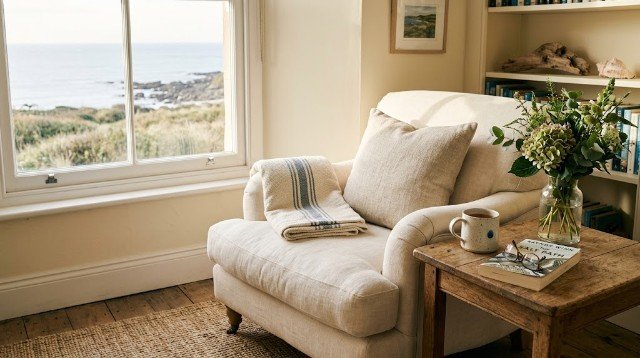 Coastal grandma reading corner with a cream chair and simple natural decor.