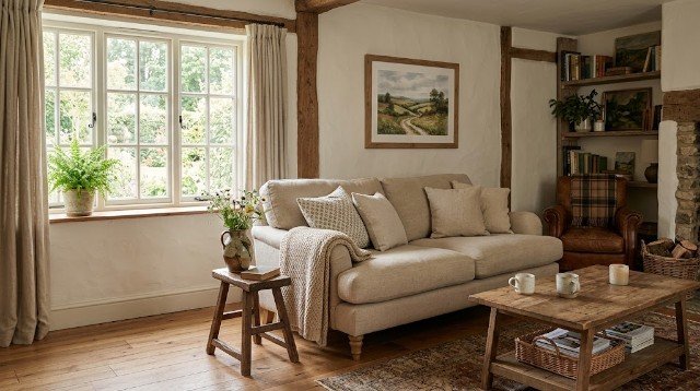 Cozy farmhouse living room with a wooden stool, handmade ceramic vase, and simple personal decor.