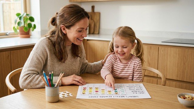 mother and 5 year old using a reward chart together