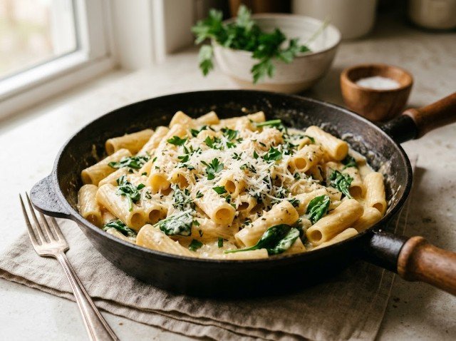 Creamy garlic Parmesan skillet pasta made without an oven