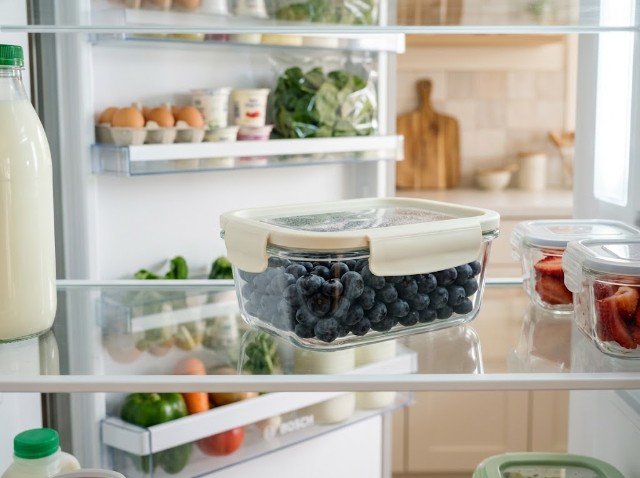 Fresh blueberries stored in a clean covered container in the refrigerator