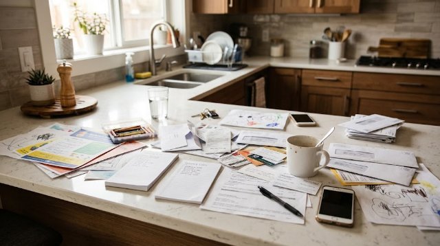 Messy kitchen counter with paper clutter