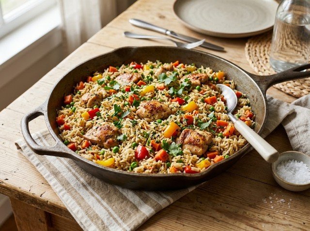 One-pan chicken and vegetable rice dinner without an oven