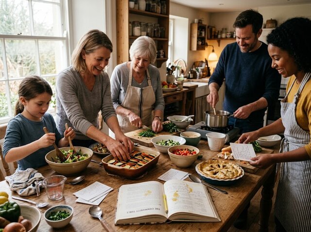 Families sharing recipes and preparing food together for a community cookbook fundraiser.