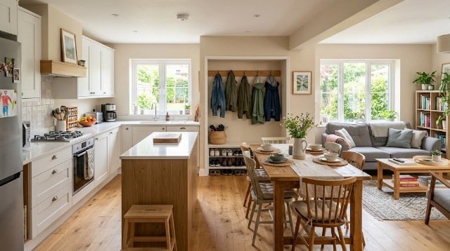Clean and organized high-traffic areas of a family home including kitchen dining area and living room